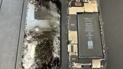 【鹿児島】iPhone 13の復旧修理｜投げて画面が外れガラスも粉々になったiPhoneを修理しました